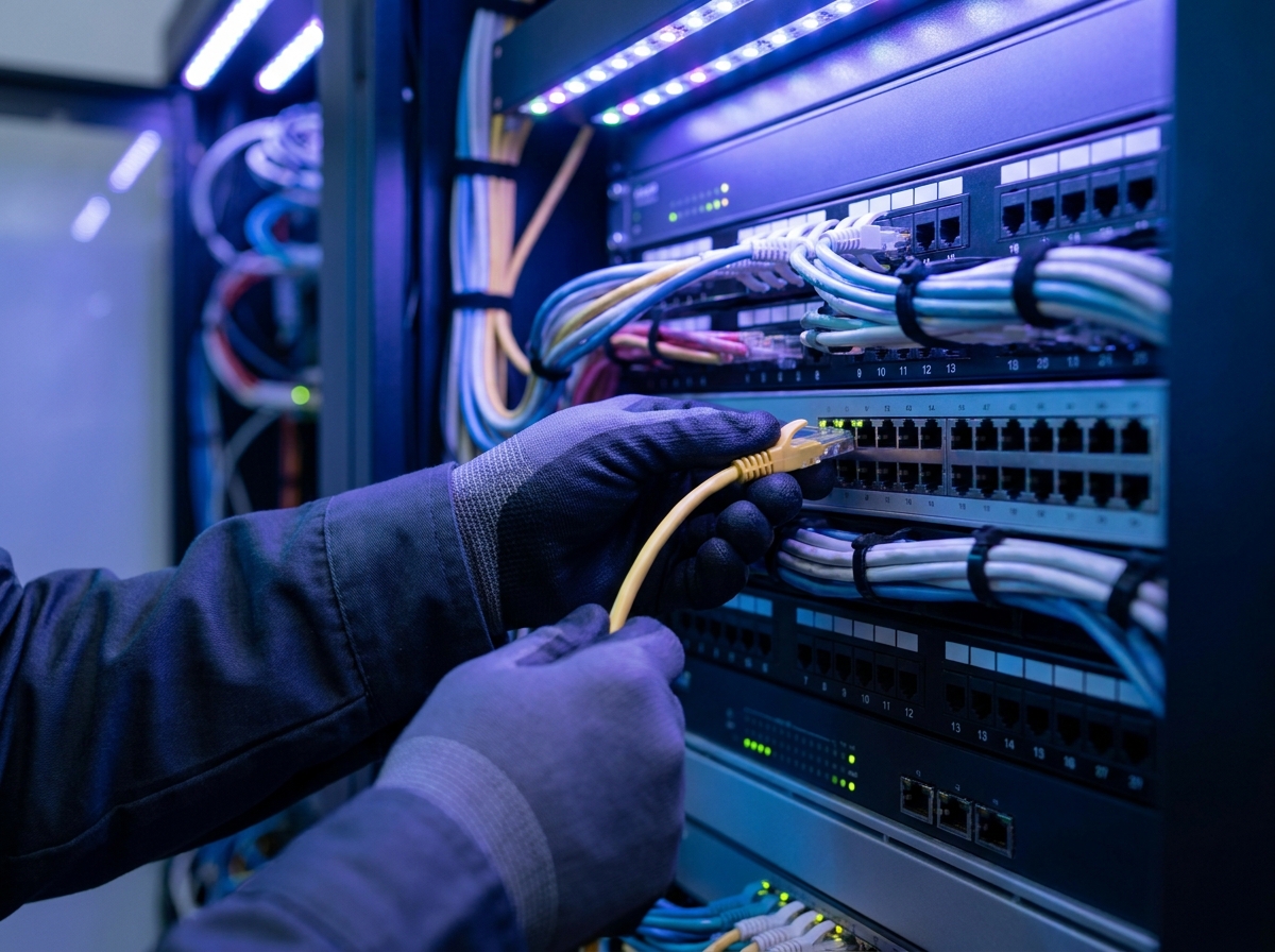 Hands patching a network cable into a server rack in a data centre
