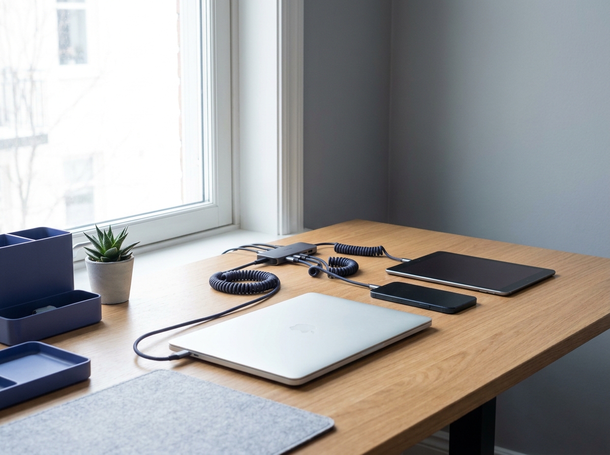 A laptop, phone and tablet lined up on a clean workbench ready for setup